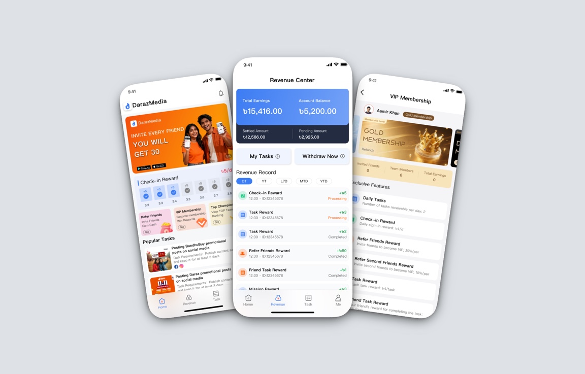 DarazMedia mobile app screens showing home, revenue center, and VIP membership